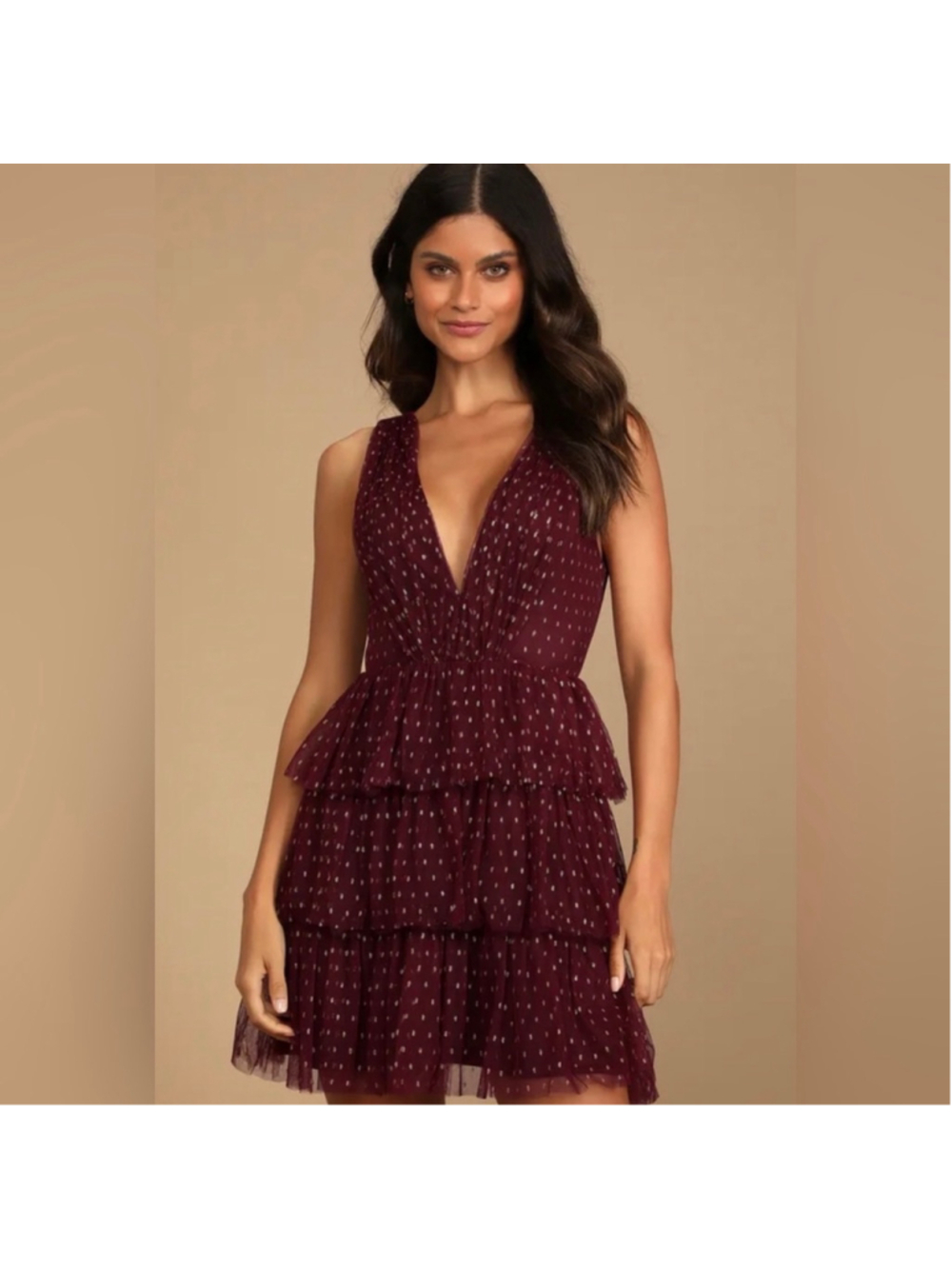 Lulus Forever Sparkling Burgundy Gold Polka Dot Tiered Mini Dress Large